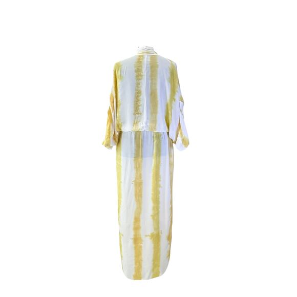 S/W/F Yellow Tie Dye Boho Maxi Caftan 100% Rayon Resort Cover Up Dress- Small - Picture 6 of 9